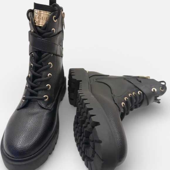 Guess Shoes - Guess Odonna Black & Gold Leather Lace Up Side Zip Combat Ankle Boots Size 6.5